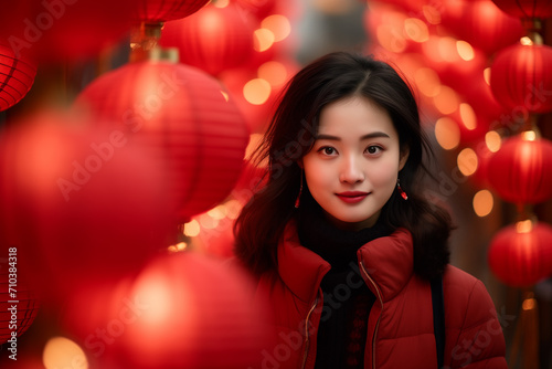 beautiful chinese woman celebrate at chinese lantern festival bokeh style background