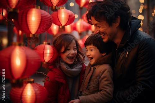 happy chinese family celebrate at chinese lantern festival