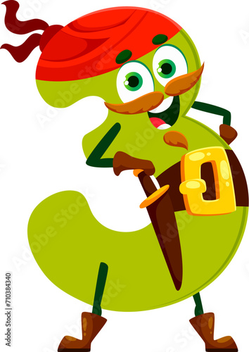 Cartoon funny number 3 pirate or corsair character in bandana with sword, vector emoji emoticon. Number three character as Caribbean pirate filibuster or buccaneer sailor with beard and mustaches