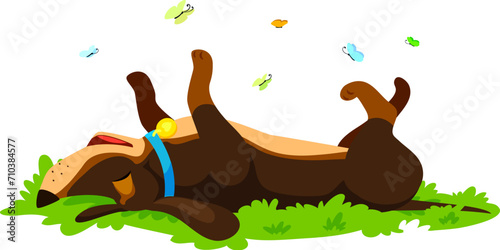 Cartoon dachshund dog puppy character with floppy ears, enjoys frolicking in lush green grass, with a playful and relaxed expression. Vector pet enjoying the outdoors in delightful and carefree manner