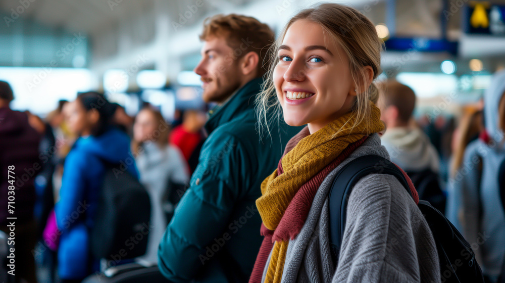 Smiling couple in line at airport check-in, starting a holiday journey. Shallow field of view.
Smiling couple in line at airport check-in, starting a holiday journey. Shallow field of view.