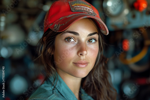 Portrait of beautiful caucasian factory worker woman
