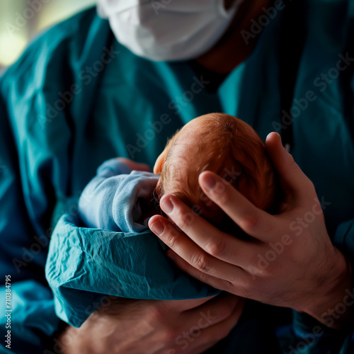 Doctor or midwife cradling a newborn baby, post-delivery in hospital.
 photo