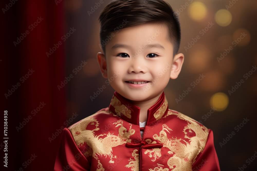 chinese young boy kid wearing red traditional clothes