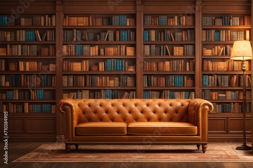 Cozy reading nook: A book sofa in a well-appointed library room, surrounded by extensive bookshelves, offering a haven for book lovers. © All in Stock