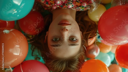 Upside-Down Portrait in a Room Full of Balloons, creating a whimsical and playful atmosphere, lit by soft, ambient light