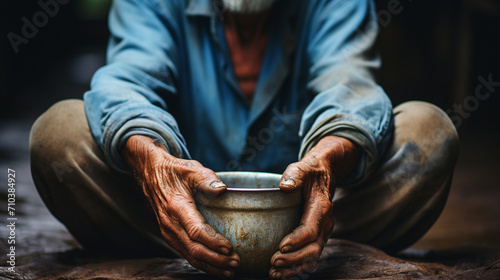 Forgotten Hunger: Elderly Homeless Man Begging with an Empty Plate