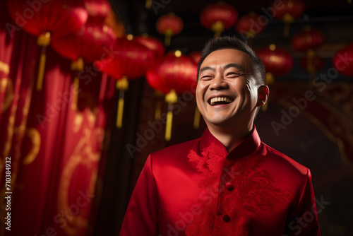 handsome chinese man wearing red traditional clothes