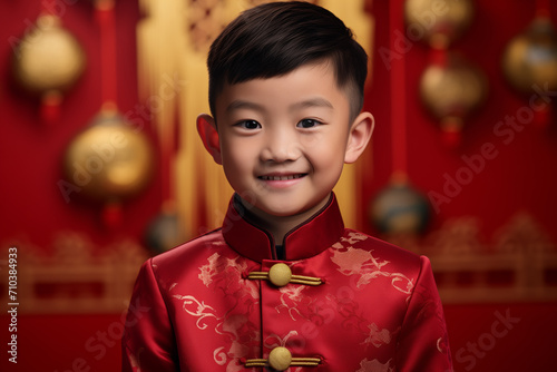 chinese young boy kid wearing red traditional clothes