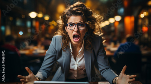 A businesswoman screaming in anger in a cafe