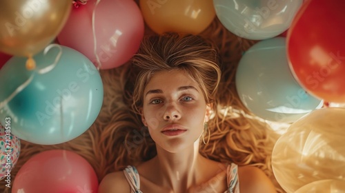 Upside-Down Portrait in a Room Full of Balloons, creating a whimsical and playful atmosphere, lit by soft, ambient light