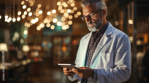 doctor in white coat holding smartphone, innovative medicine