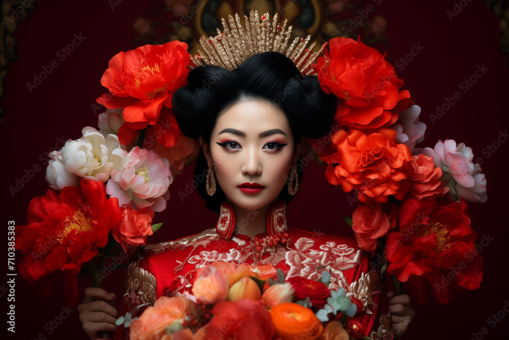 Naklejka premium beautiful chinese bride in traditional wedding dress and flower