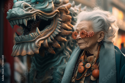 chinese old woman standing beside the dragon statue bokeh style background