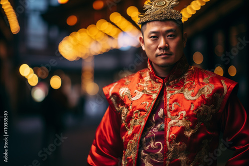 chinese groom in traditional wedding dress bokeh style background