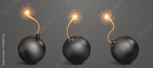 Realistic bomb with burning wick fuse. Antique explosion ball, firework or pirates bomb icon. Isolated 3d vector TNT, dynamite or firecracker with burning and sparkling wick rope fuse