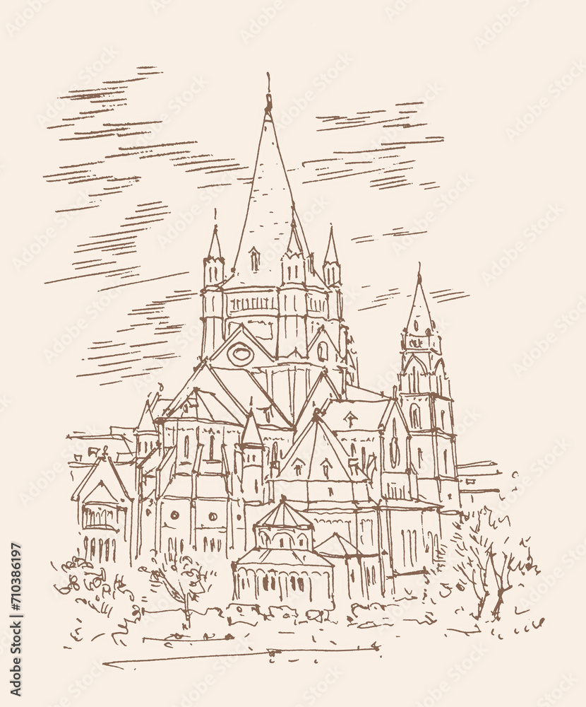 Travel sketch of St. Francis of Assisi Church, Vienna, Austria. Historical building line art. Freehand drawing. Hand drawn retro postcard. Urban sketch in braun color isolated on beige background.