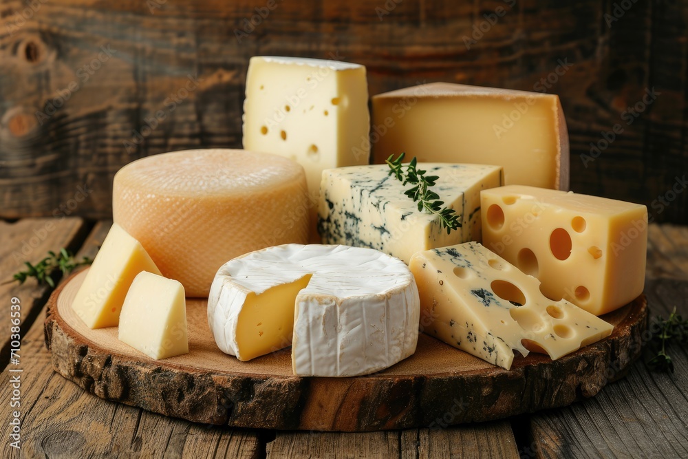 A collection of various cheese types, isolated on a wooden cheese board background