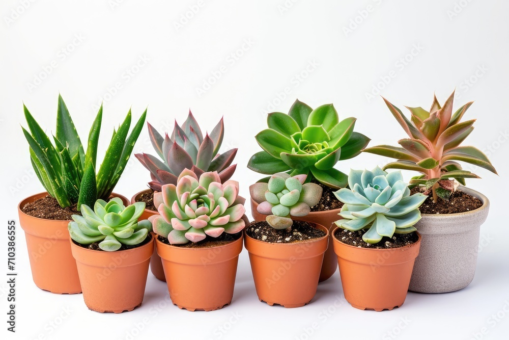 A collection of various succulents in pots, isolated on a plain background