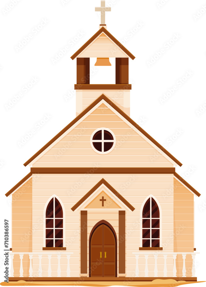 Western Wild West town church cartoon building, vector house of old american country street. White wood building of catholic religion church or chapel with cross and bell tower, Wild West architecture Western Wild West town church cartoon building, vector house of old american country street. White wood building of catholic religion church or chapel with cross and bell tower, Wild West architecture