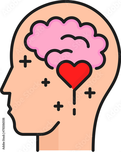 Fototapeta Naklejka Na Ścianę i Meble -  Mental health icon, isolated vector human head with brain and heart inside. Thin line sign represents the importance of mind well-being and promoting understanding, support, awareness and acceptance