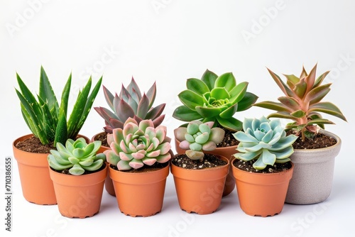 A collection of various succulents in pots, isolated on a plain background