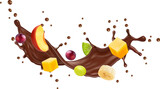 Realistic chocolate yogurt, cream or choco milk drink swirl splash with tropical fruits. Isolated 3d vector delicious brown flow with colorful cranberry, kiwi, grape and mango, peach or banana pieces
