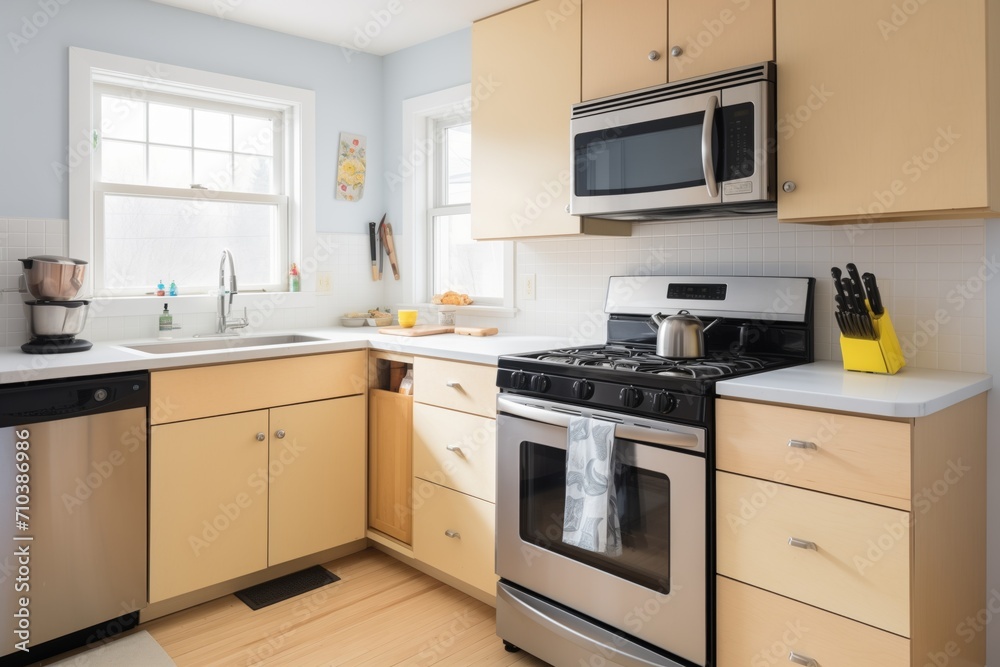 Fototapeta premium compact saltbox kitchen with modern appliances and fixtures