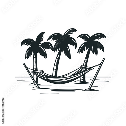 retro cartoon illustration of a empty hammock hanging between two palms
