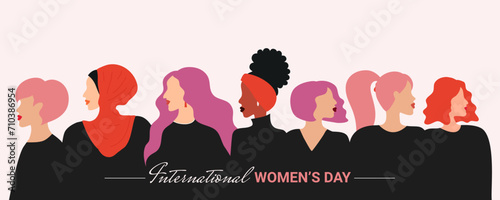 International Women's Day flyer. Banner for March 8 sale with floral decor and group of female character.  Flat vector illustration.  photo