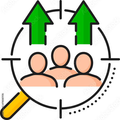 Target audience growth. SEM. Search engine marketing. Online marketing campaign, SEO results analytics or Internet ads performance line vector symbol with clients, magnifying glass and scope crosshair