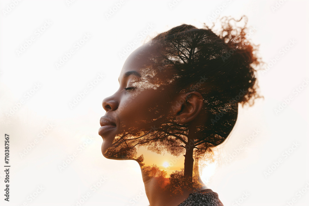 Black mystery and nature beauty. Double exposure portrait. Creative double exposure portrait of attractive girl with branches of tree. Double exposure of a female face. Abstract black and white woman  - obrazy, fototapety, plakaty 