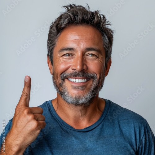 Showing a good mood: A man smiling and pointing his finger at the wall Resulting in good results that are full of positive energy. This image beautifully captures the nature of confidence and willingn