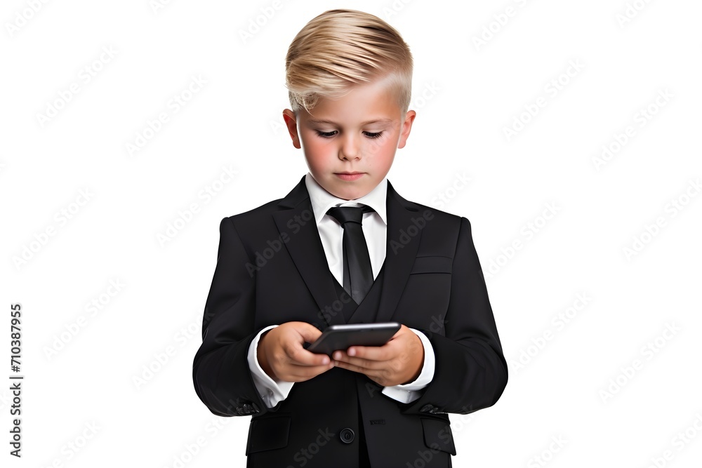 child in suit browsing on mobile phone isolated on white background, Generative AI child in suit browsing on mobile phone isolated on white background, Generative AI