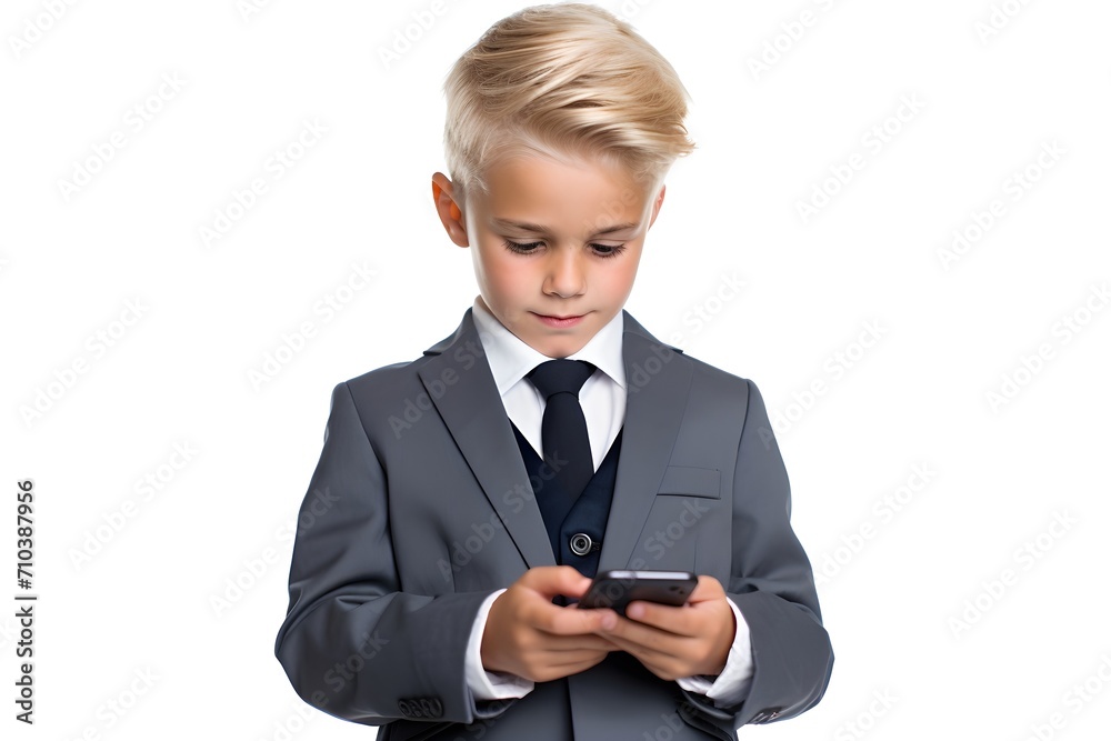 child in suit browsing on mobile phone isolated on white background, Generative AI child in suit browsing on mobile phone isolated on white background, Generative AI