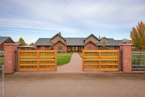 wooden corral gates with brick posts on prairie ranch photo