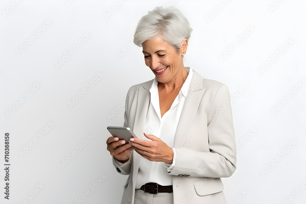 senior businesswoman in suit use mobile phone isolated on white background, Generative AI senior businesswoman in suit use mobile phone isolated on white background, Generative AI