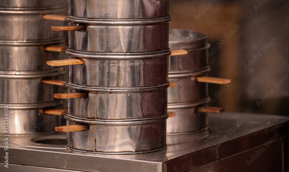 Steel food steamers on street. Beijing, China Steel food steamers on street. Beijing, China