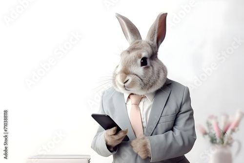 rabbit businessman in suit use mobile phone isolated on white background  Generative AI