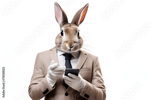 rabbit businessman in suit use mobile phone isolated on white background, Generative AI