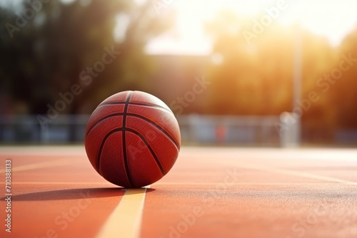 Basketball on court with players in the background.