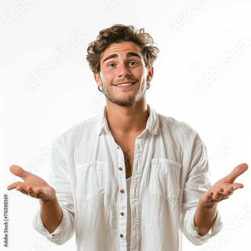 A man wears a white shirt. One pose says 