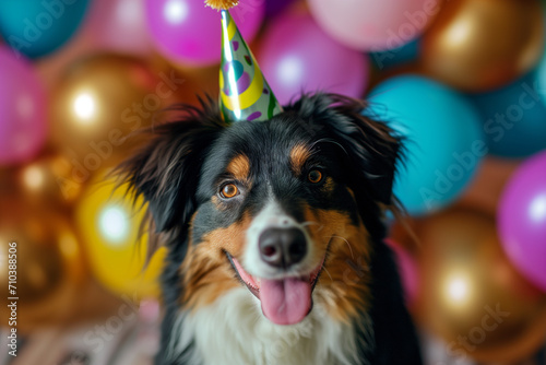 surprised dog on solid bright background with colorful balloons. Multi-colored balloons and funny dog, puppy, kitty. Holiday. Birthday. Gift