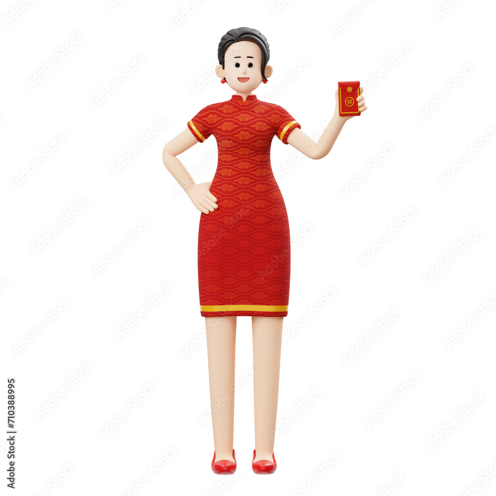 3D Character Chinese New Year Woman Holding Angpao Envelope Illustration 3D Character Chinese New Year Woman Holding Angpao Envelope Illustration