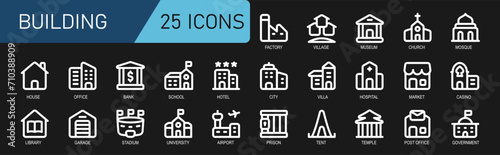 icon set building.white outline style.contains villa,factory,museum,church,mosque,casino,shop,market,hospital,medic,office,village,city.vector illustration.good for application and website