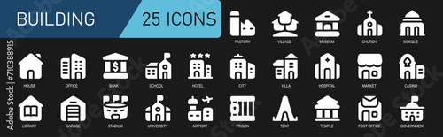 building icon collection.flat white color.contains hotel,school,bank,home,house,library,garage,university,airport,prison.isolated vector.great for websites and applications