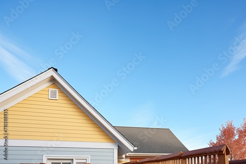 angled view of saltbox roofline against clear sky