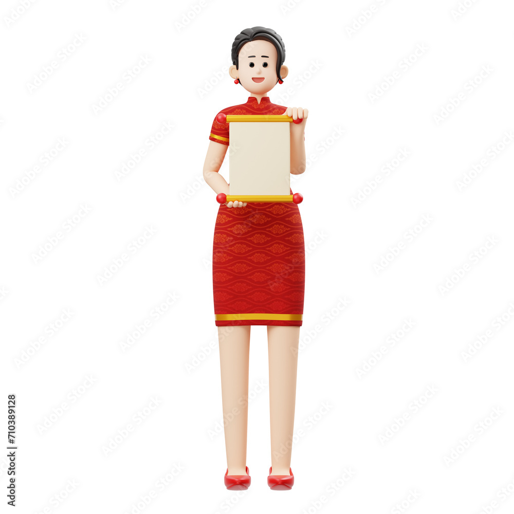 3D Character Chinese New Year Woman Holding Roll Paper Illustration 3D Character Chinese New Year Woman Holding Roll Paper Illustration