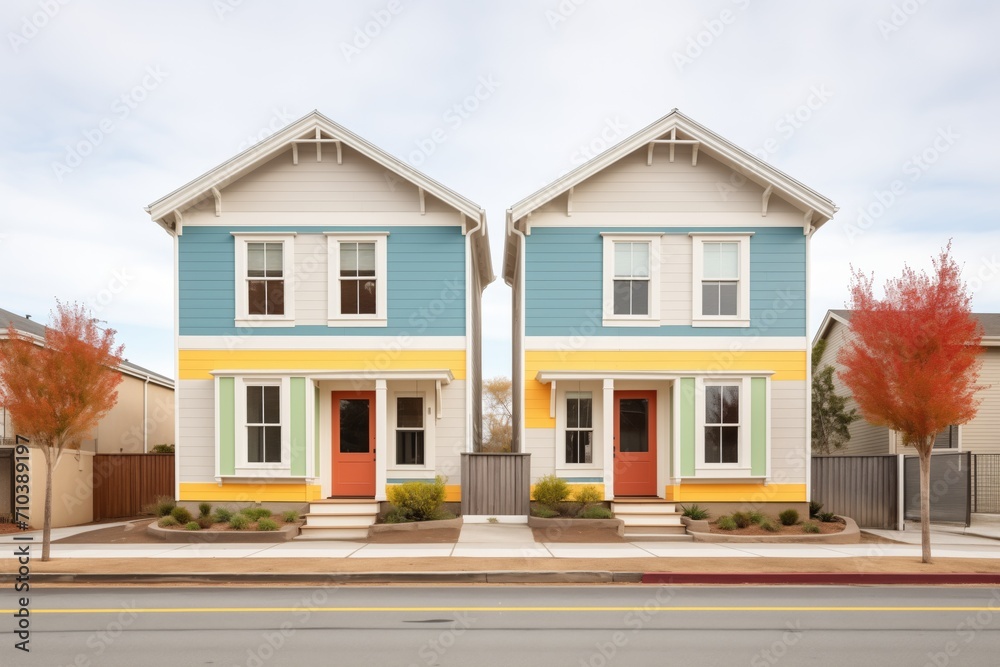 saltbox street view, multicolored shutters, symmetry