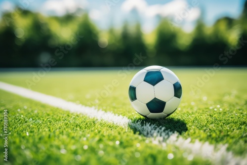 Soccer ball on a bright green grass field with white line, sunny day with trees in the background.